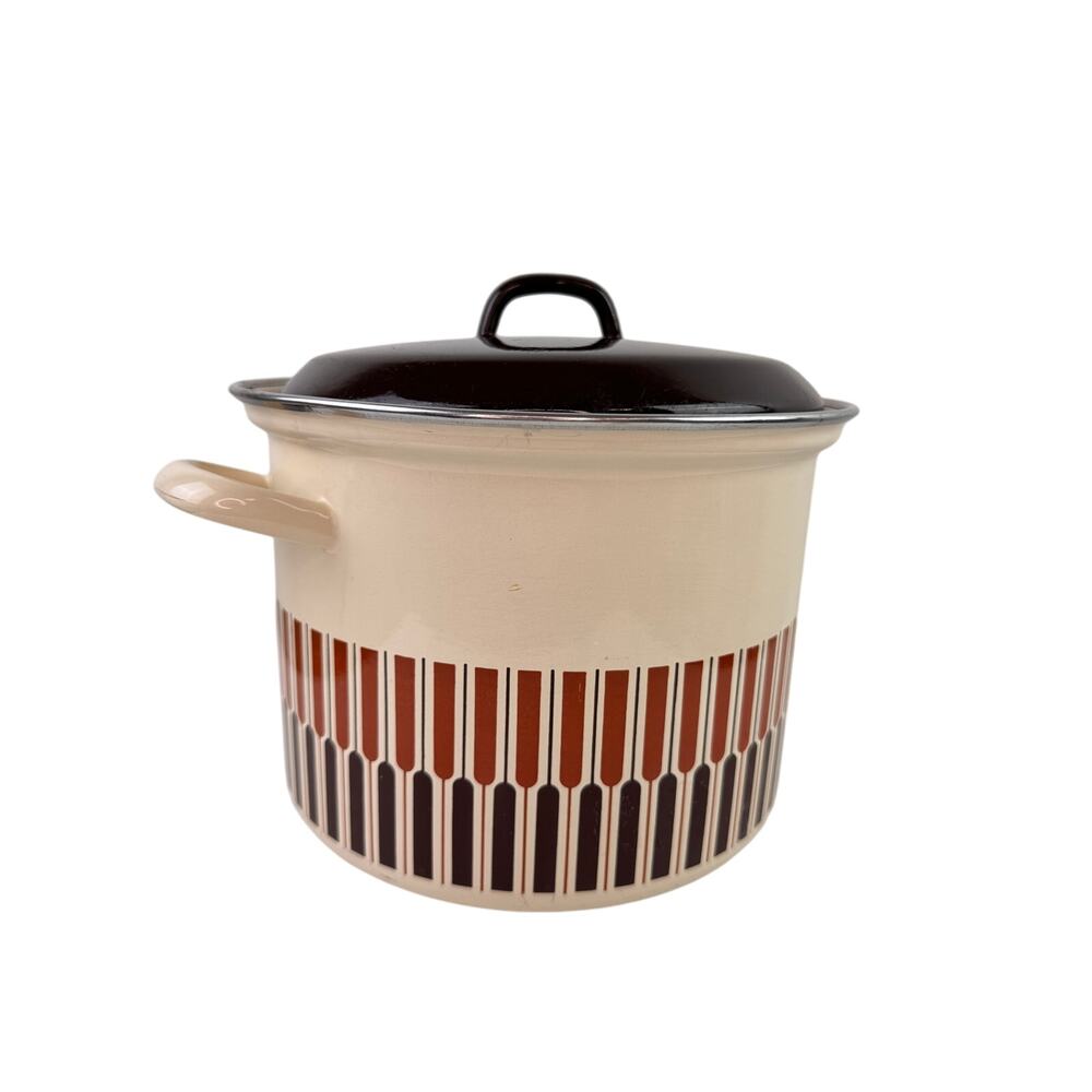 Vintage Moneta MCM Beige Brown Stock Pot 8-Quart Enamel with Lid Made in Italy
